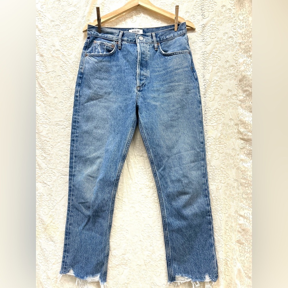 AGOLDE Riley cropped frayed high-rise straight-leg organic jeans 28 button fly